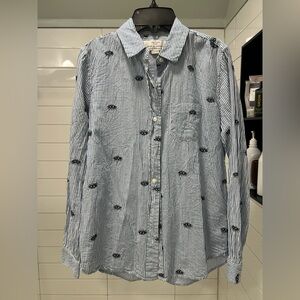Trovata Blue and White Striped Button-Down Shirt with Embroidered Motifs